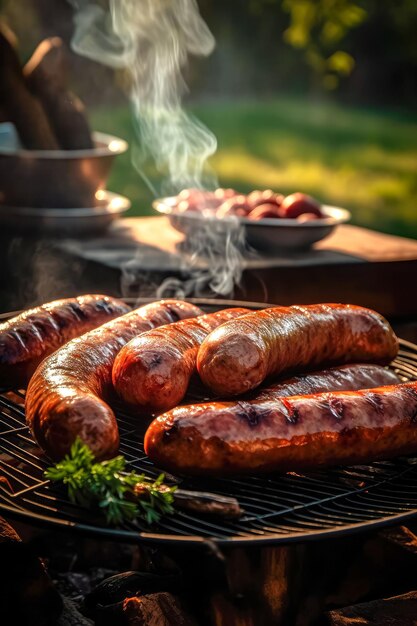 Salsicha grelhada apetitosa na grelha em chamas deliciosas salsichas crocantes espaço para o texto gerador de uma