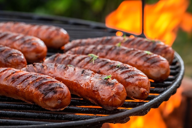 Salsicha quente com especiarias na grelha com fogo no verão