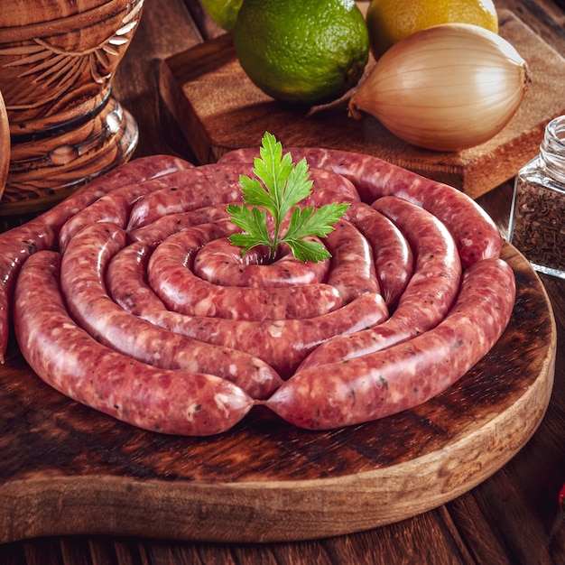 Salsichas brasileiras finas e cruas na placa de madeira com ingredientes