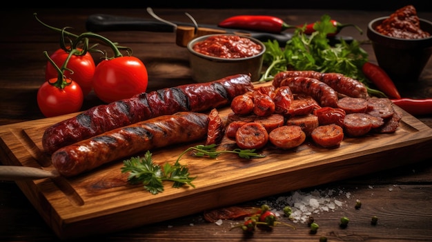 Salsichas chorizo variadas em uma tábua de corte de madeira