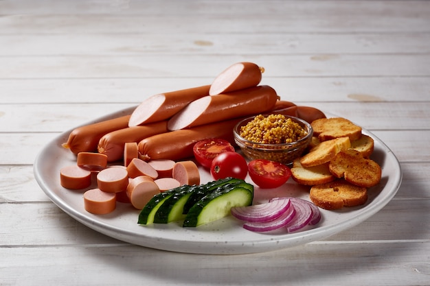 Salsichas com legumes e ervas guarnecem com molhos e pão em um prato de cerâmica cinza sobre uma mesa de madeira branca.