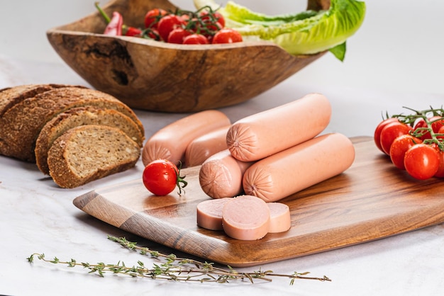 Salsichas cozidas em uma mesa de cozinha brilhante