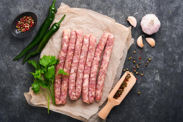 Salsichas cruas Bratwurst ou salsichas com ingredientes na tábua com especiarias em um fundo de pedra com espaço de cópia Fundo de cozimento de alimentos Vista superior