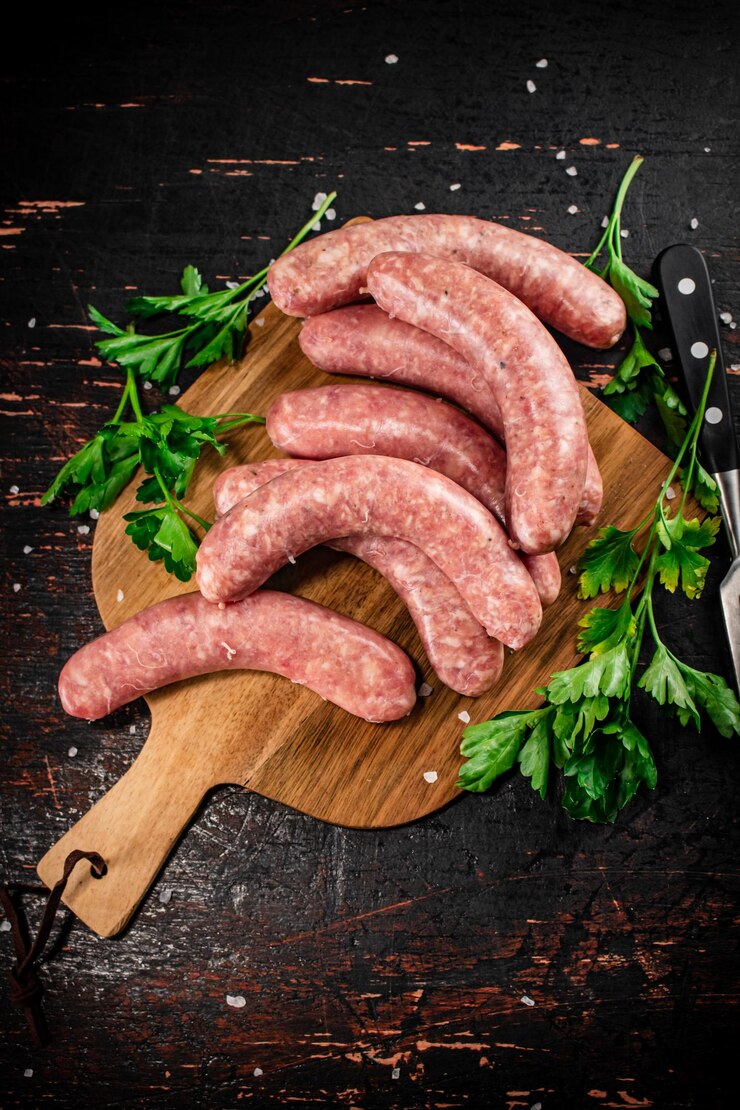 Salsichas cruas em uma tábua de corte com salsa