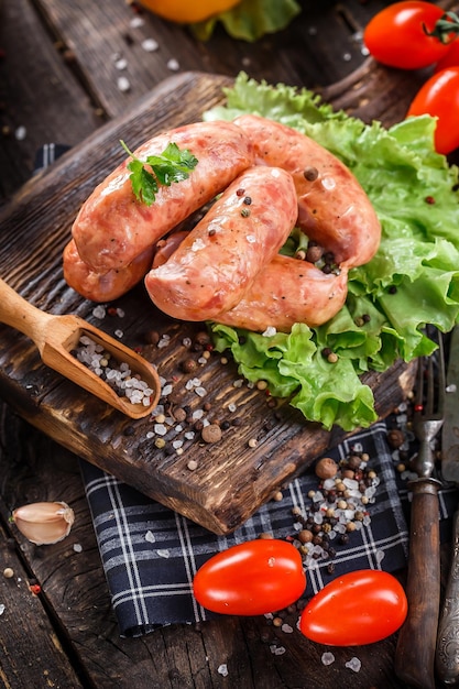 salsichas cruas frescas na tábua de cozinha com legumes e ervas, pano de pano, tábua de madeira