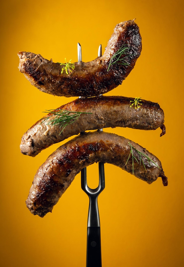 Foto salsichas de carne caseiras grelhadas polvilhadas com endro em um garfo deliciosa ideia de almoço ou jantar