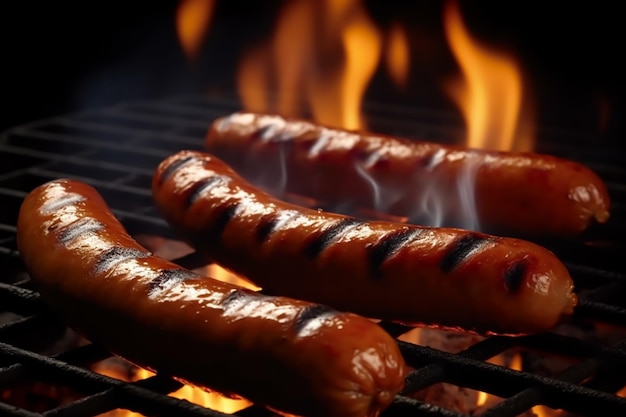 Salsichas de carne picante quente grelhadas em fogo comida churrasco e grelha generativa ai