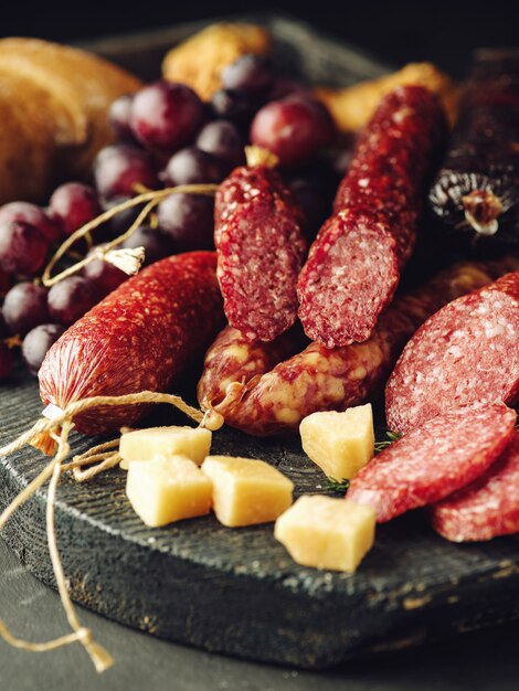 Salsichas diferentes com queijo, uvas e azeitona. salame fatiado em estilo rústico