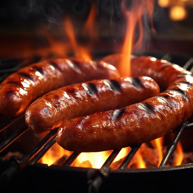 Foto salsichas estão sendo grelhadas na grelha com fogo ardente