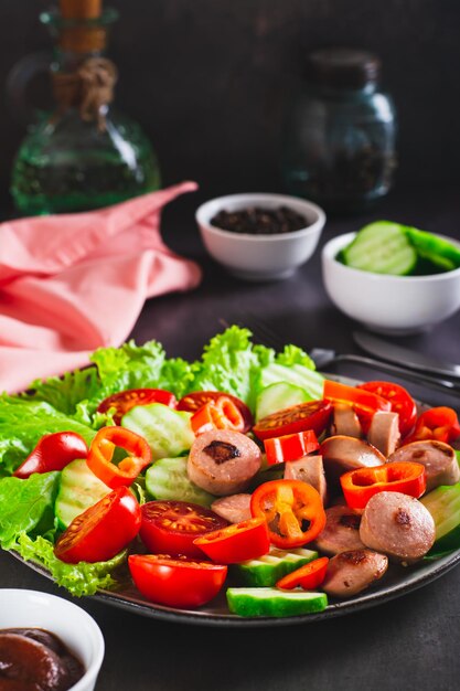 Salsichas fatiadas fritas com legumes e alface em um prato vertical