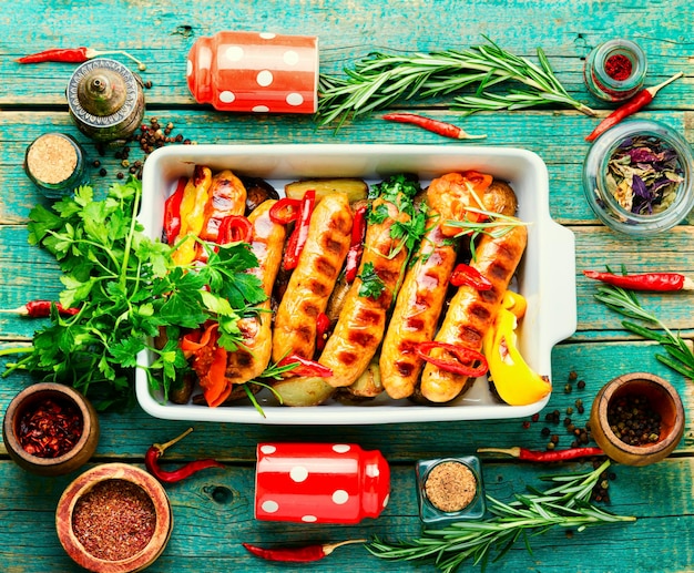 Salsichas fritas com batatas e vegetais em uma assadeira