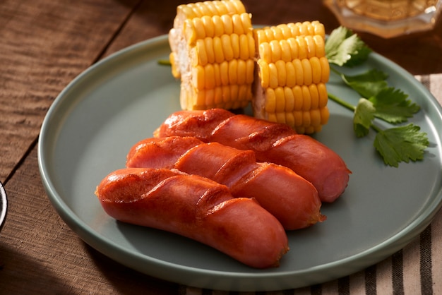 Foto salsichas grelhadas caseiras em um prato escuro, um prato de carne em uma mesa de madeira escura, salsichas quentes com especiarias e sal em uma cozinha caseira, cópia espaço, estilo rústico, arte