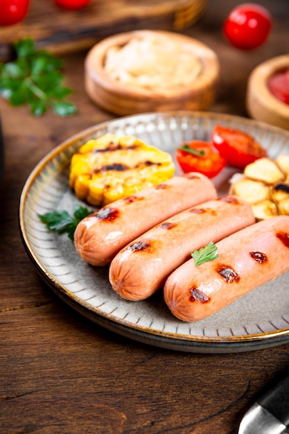 Salsichas grelhadas com legumes e molhos churrasco de verão com salsichas de milho e tomate