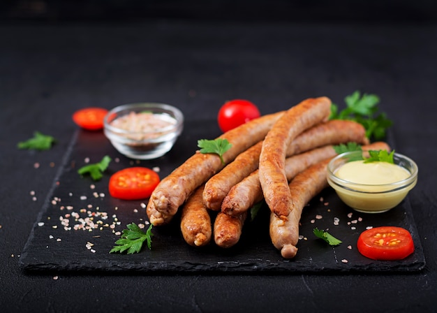 Salsichas grelhadas em fundo escuro. oktoberfest