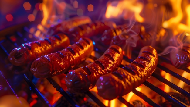 Salsichas grelhadas numa grelha com fogo