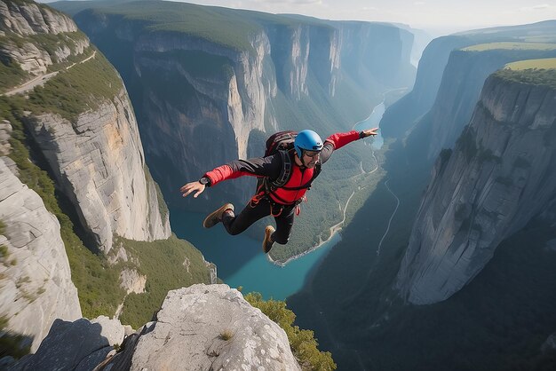 Foto saltador de base saltando desde un acantilado alto