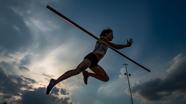 Foto saltador de vara no ar sobre a barra durante um evento de pista