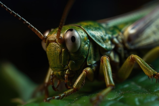 Un saltamontes con cabeza verde y ojos grandes se sienta en una hoja verde.