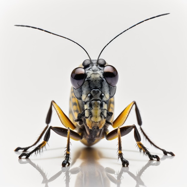 Un saltamontes con una cara de rayas negras y doradas se sienta sobre una superficie blanca.