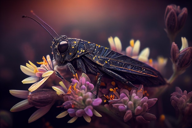 Un saltamontes y una hermosa flor.