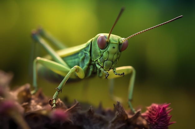 Un saltamontes con ojos rojos se para sobre una hoja.