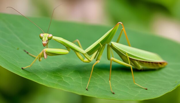 Foto un saltamontes está sentado en una hoja con la cabeza hacia abajo