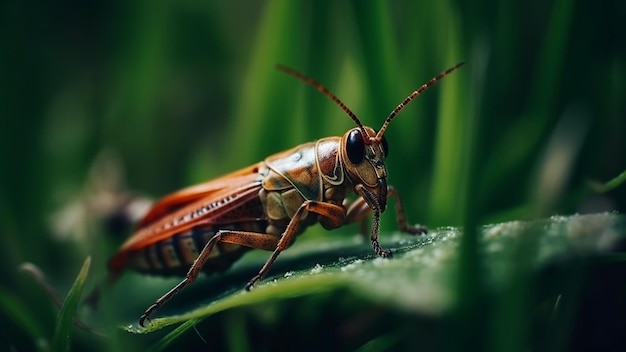 Un saltamontes se sienta en una hoja en la hierba.