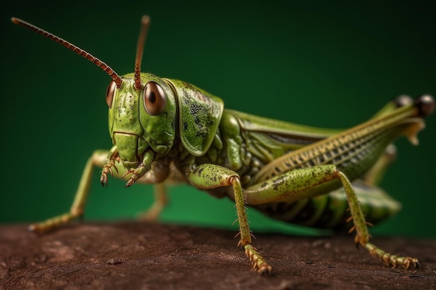 Un saltamontes verde con una cara verde y ojos rojos.