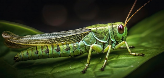 Un saltamontes verde se sienta en una hoja.