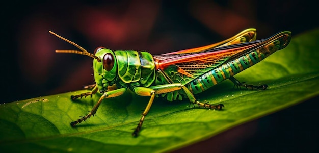 Un saltamontes verde se sienta en una hoja.