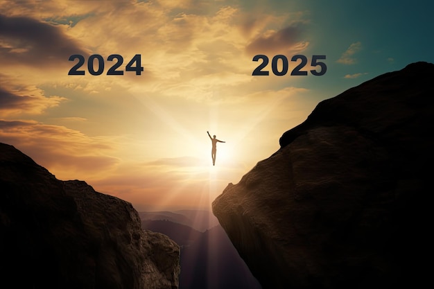 Foto saltando para o ano novo de 2024 a 2025