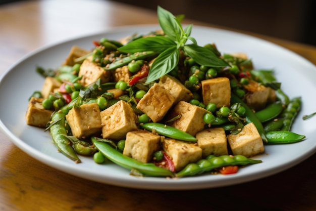 Foto salteado de tofu con edamame y ajo