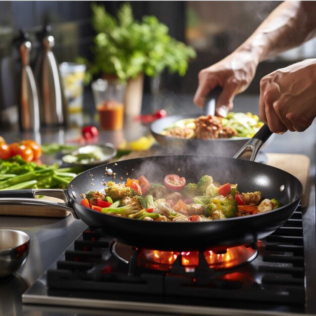 Saltear verduras en un wok sobre una estufa de gas