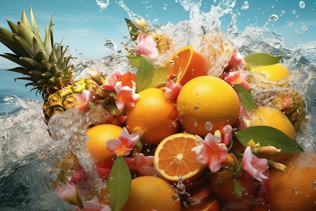 Un salto de agua con naranjas y flores