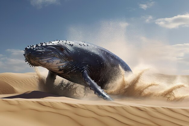 Salto de ballena jorobada en el concepto de cambio climático del desierto ai generativo
