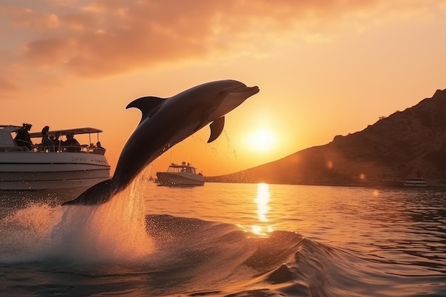 Salto de delfines en el mar azul en un lugar pintoresco