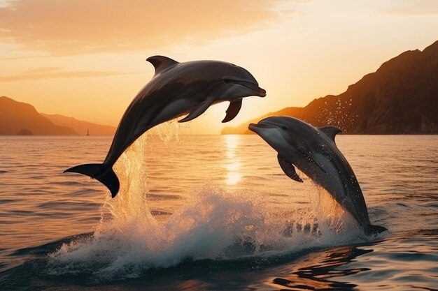 Salto de delfines en el mar azul en un lugar pintoresco