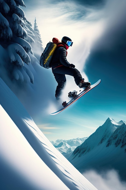 Salto de deporte extremo a hipervelocidad El snowboarder salta desde una montaña cubierta de nieve Obra de arte digital