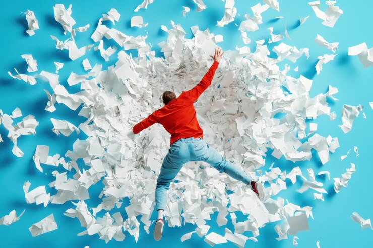 Un salto dramático a través del papel roto en el cielo azul