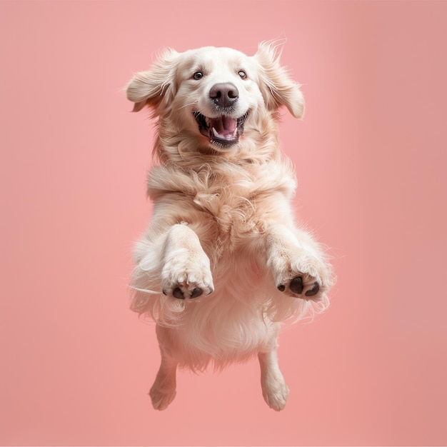 Un salto feliz de Golden Retriever de fondo rosado claro