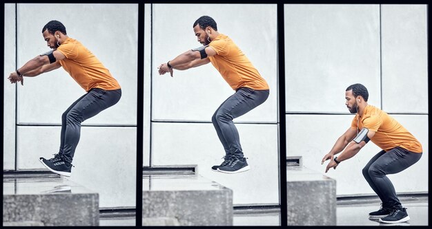 Foto salto de fitness y collage con un hombre negro deportivo al aire libre en la ciudad para un entrenamiento para obtener fuerte salto de ejercicio y serie con un atleta masculino entrenando afuera en una ciudad urbana para la salud