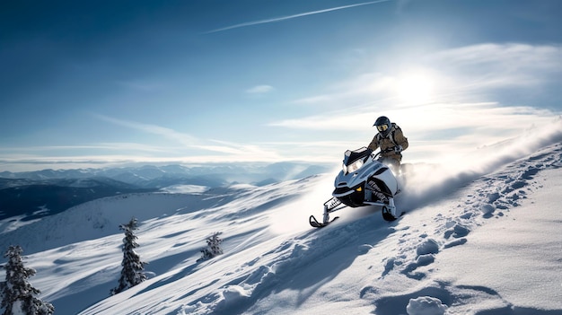 Salto en moto de nieve Hombre montando una moto de nieve