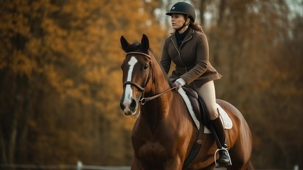 Salto y mujer en un caballo para un evento de curso o espectáculo en un campo