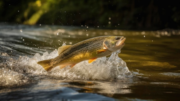 Salto de peces bajos en agua de río