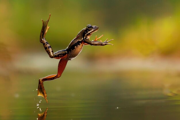 El salto de una rana planificadora Rhacophorus reinwardtii