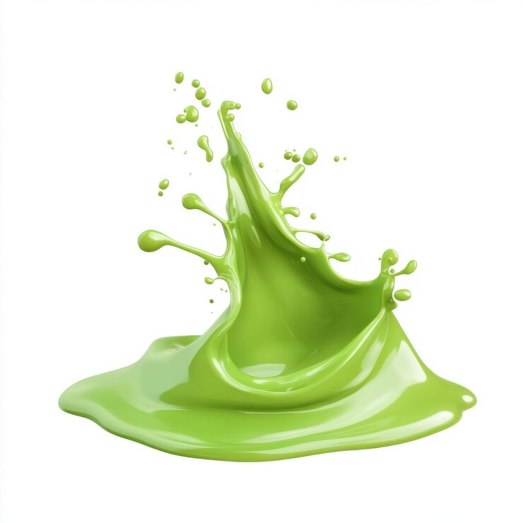 Un salto vibrante de pintura líquida verde contra un fondo blanco