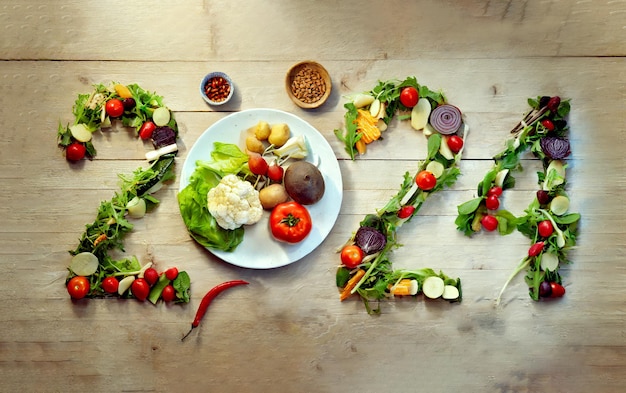 Salud y acondicionamiento físico Concepto feliz año nuevo 2024 verduras mínima imagen generativa de IA