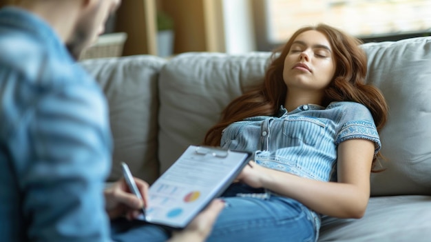 Foto salud mental y asesoramiento enfoque holístico del bienestar psicológico psicólogo psicoterapeuta escuchando a un paciente deprimido documentando ideas para un tratamiento personalizado