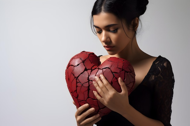 Salud mental Depresión Pérdida y decepción Concepto de mujer abrazando un corazón roto Con el corazón roto