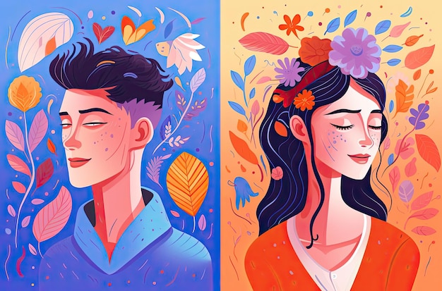 salud mental hombre con corazón mujer conjunto de iconos de flores